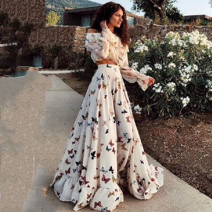 European and American Butterfly Print Bohemian Dress Set