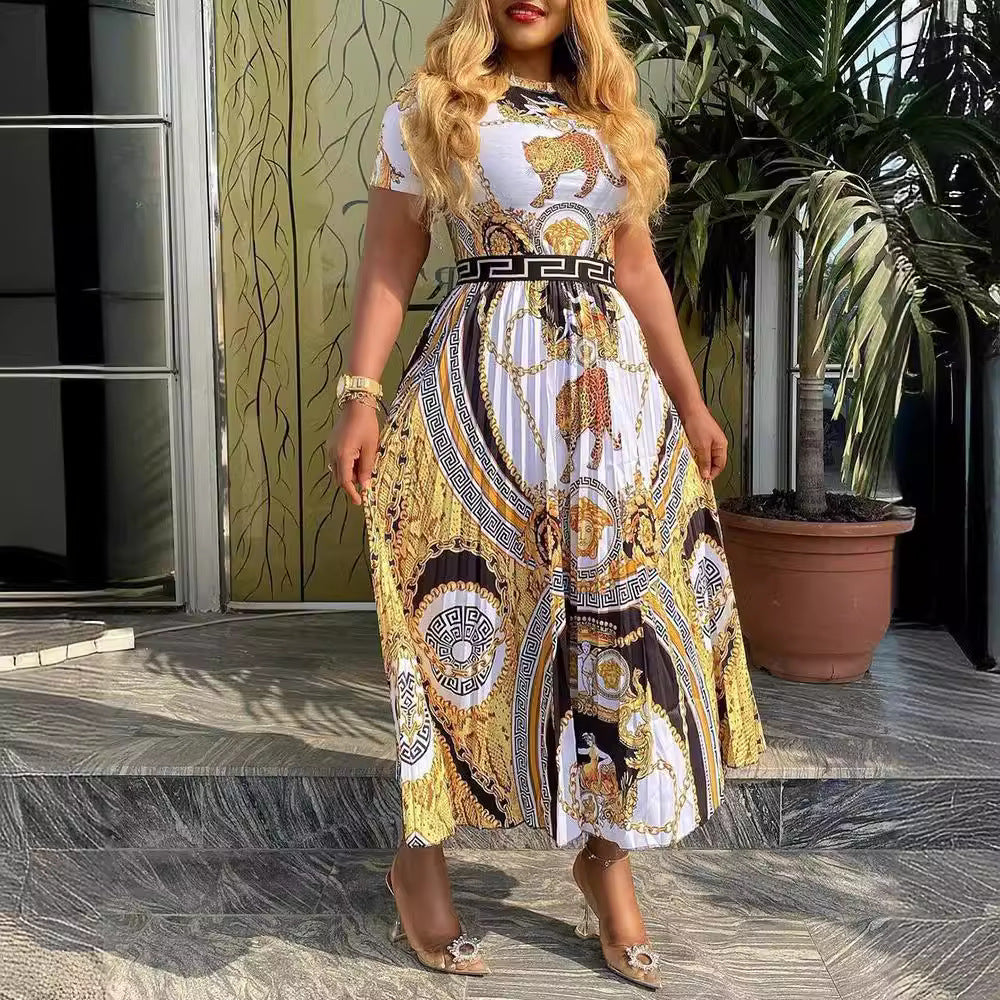 African Plus Size High Waist Short Sleeve Print Pleated Dress