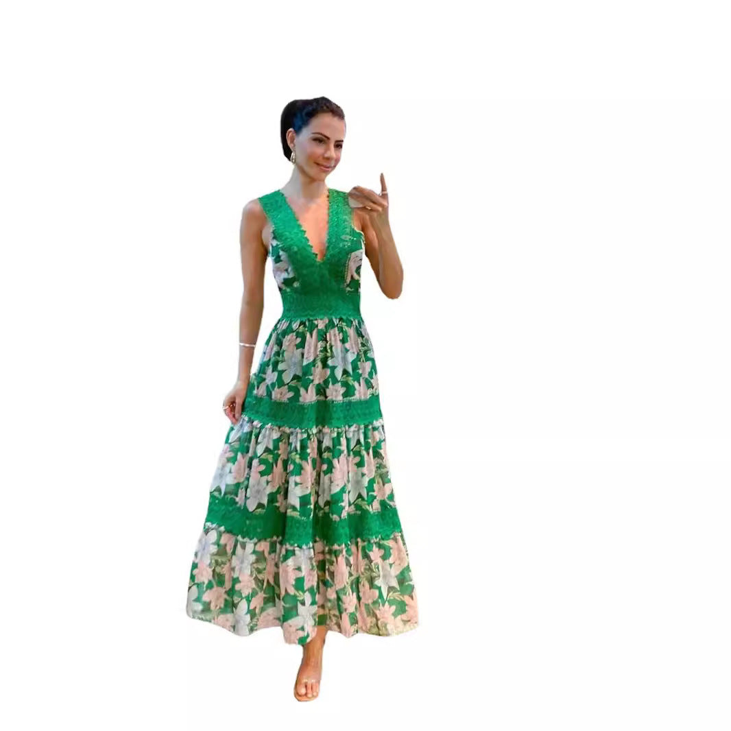 Russian floral print patchwork dress Sleeveless V-neck A-line