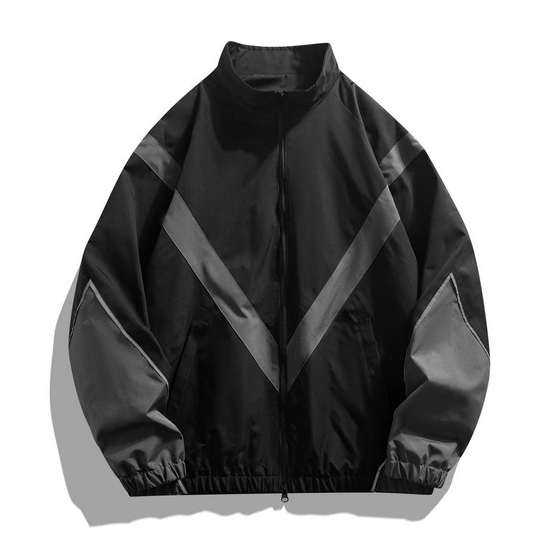 Fashion brand embedded reflective patchwork stand-up collar zipper jacket spring and autumn jacket loose Sports and Leisure jacket men's thin