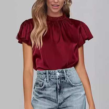 Women's summer satin shirt casual pleated short sleeves round neck party top