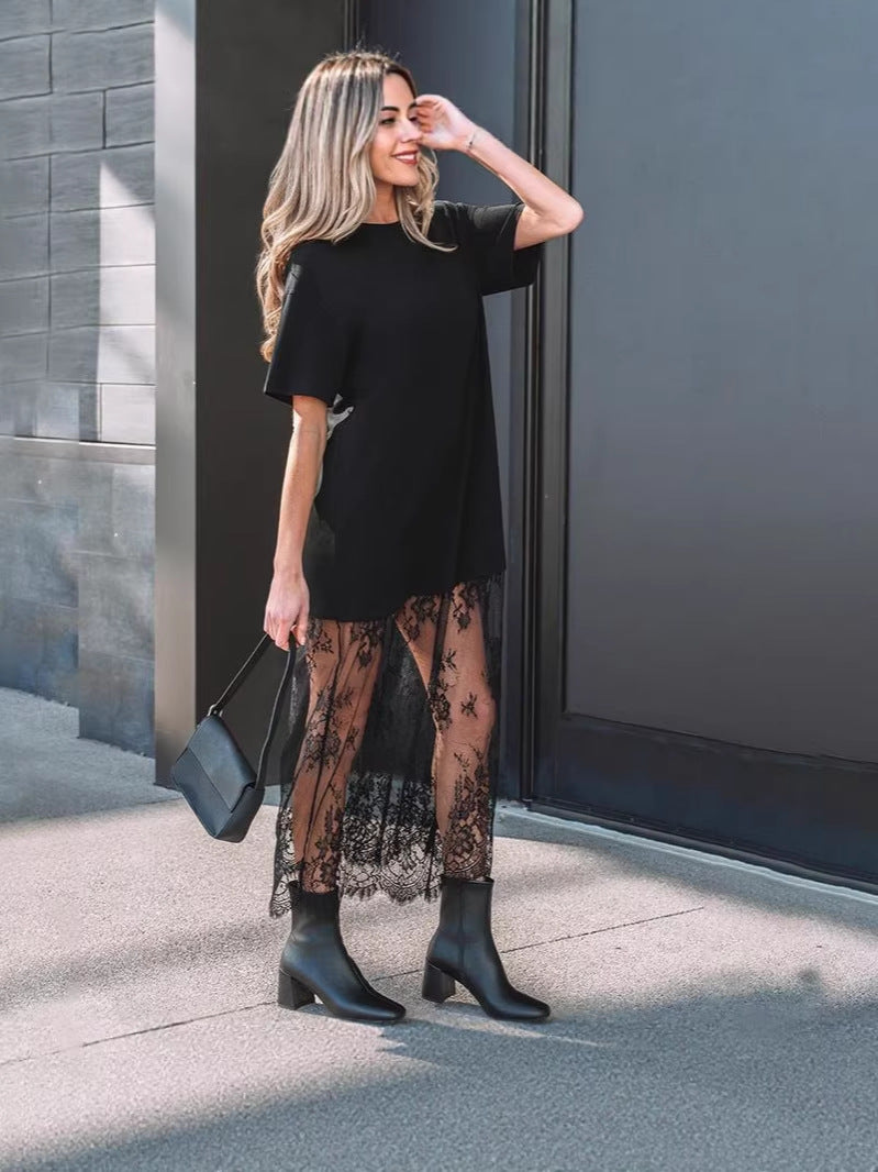 2026 Summer New Plump Girls’ Plus-Size Slimming Casual Solid-Color European and American Personalized Designer-Look Lace Patchwork Dress