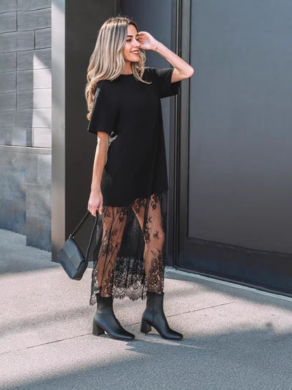 2026 Summer New Plump Girls’ Plus-Size Slimming Casual Solid-Color European and American Personalized Designer-Look Lace Patchwork Dress