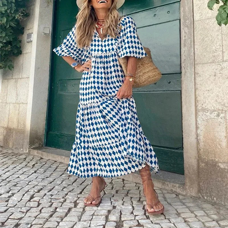 Spring and Autumn European and American new geometric collage puff sleeve dress female street fried street plus size women's dress