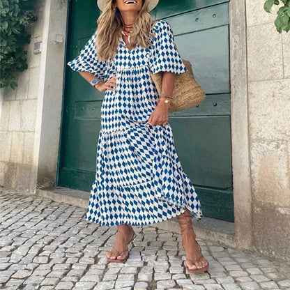 Spring and Autumn European and American new geometric collage puff sleeve dress female street fried street plus size women's dress
