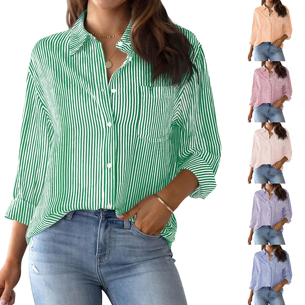 Women's button-down shirt striped classic long sleeve collar office work shirt top with pockets