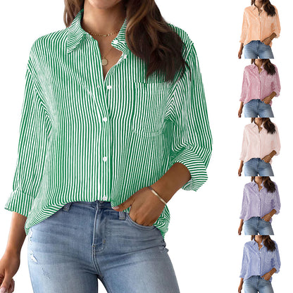 Women's button-down shirt striped classic long sleeve collar office work shirt top with pockets