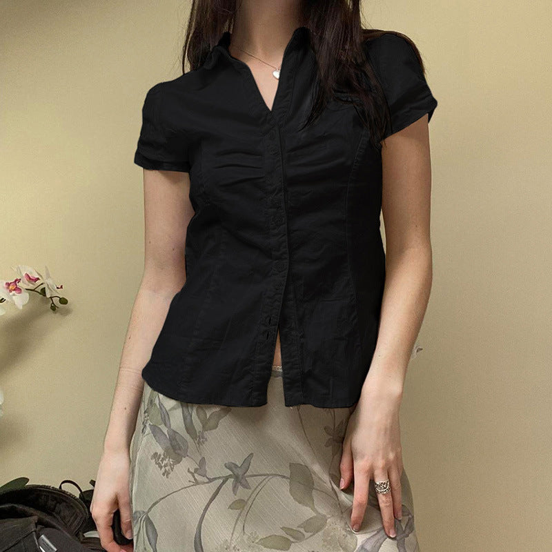 BM French style doll collar shirt for women 2025 summer Spring Autumn new design sense niche slim fit slimming short sleeve shirt