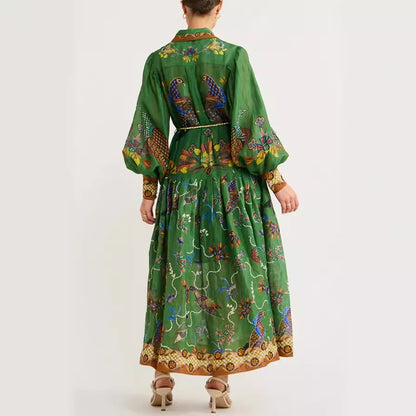 Cross-border foreign trade independent station Amazon 2023 new autumn printed cardigan printed wide hem long sleeve dress for women