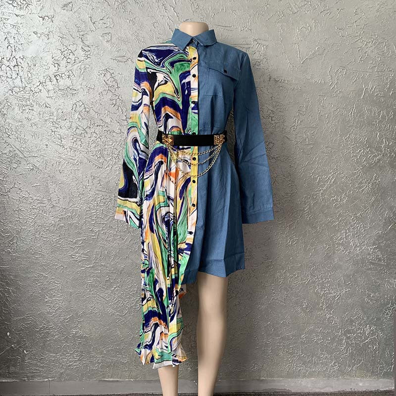 Supply Denim chiffon stitching unique cutting fashion loose shirt dress European and American Africa plus size special offer