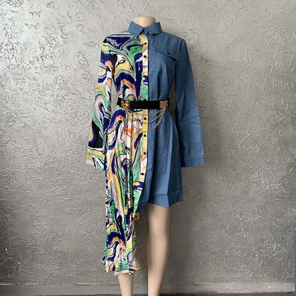 Supply Denim chiffon stitching unique cutting fashion loose shirt dress European and American Africa plus size special offer