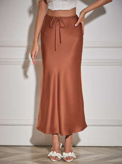 2024 Amazon high quality satin maxi dress high waist drawstring lace up solid skirt women cross-border women's clothing in stock