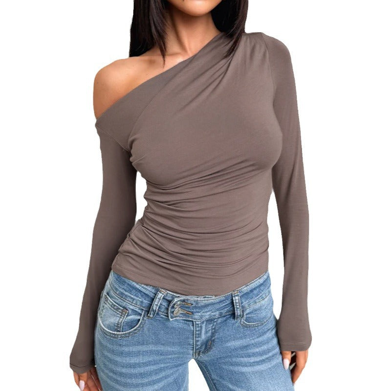Europe and America cross border 2025 new spring and autumn women's clothing temperament wild slim-fit oblique shoulder base long sleeve shirt wholesale women