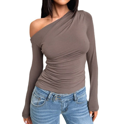 Europe and America cross border 2025 new spring and autumn women's clothing temperament wild slim-fit oblique shoulder base long sleeve shirt wholesale women