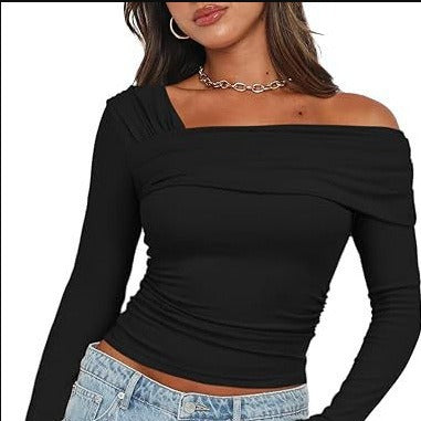 Amazon hot selling product 2025 spring and autumn Women's One shoulder long-sleeved shirt pleated going out tops slim y2g shirt