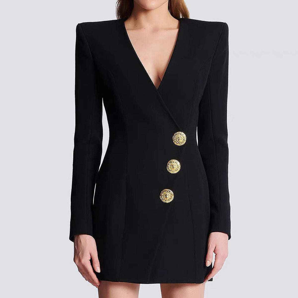 23163 spring and autumn European and American new fashion V-neck slim slimming three buttons long sleeve suit dress and coat women