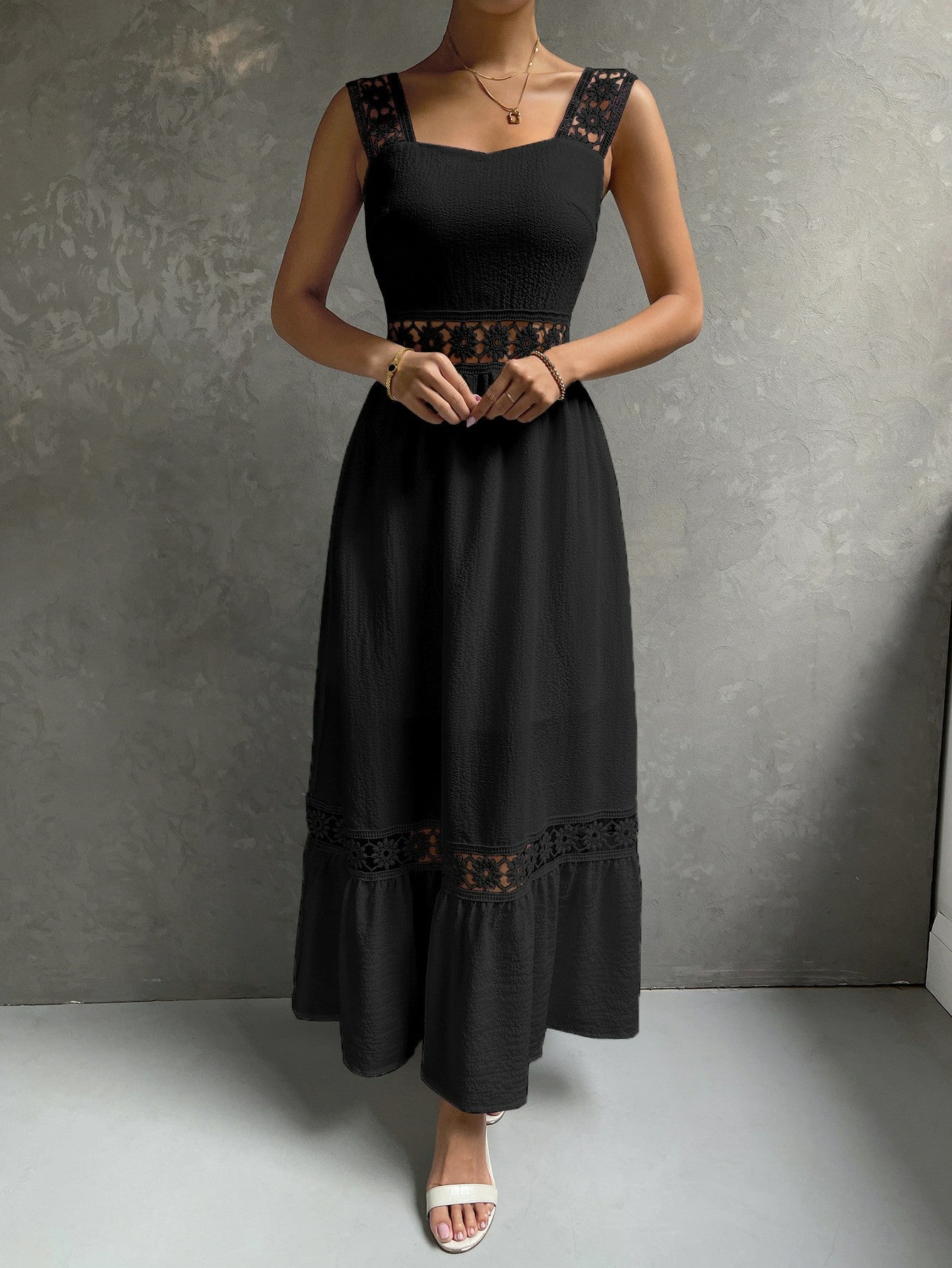 Amazon new hollow lace temperament dress sling slim fit patchwork solid color sleeveless female dress