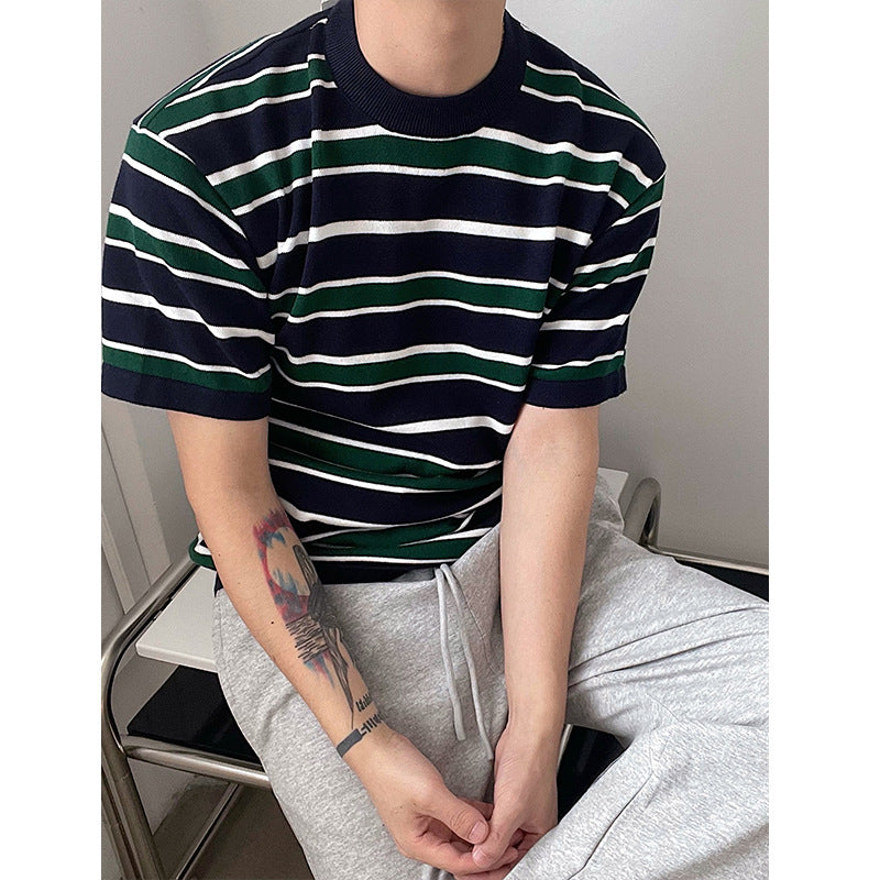 Korean Knit Striped Short Sleeve Men's T-Shirt