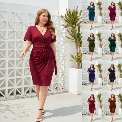 Cross-border plus size women's clothing plus size solid color casual holiday dress bandage vacation V-neck mid-length dress