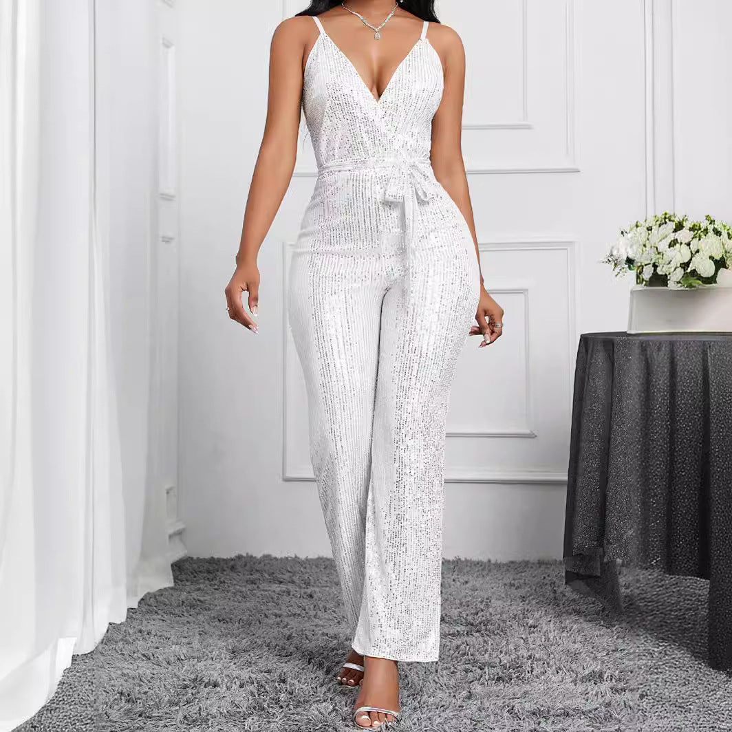 Niche design style European and American Foreign trade exclusive for cross-border solid color suspender jumpsuit elegant temperament