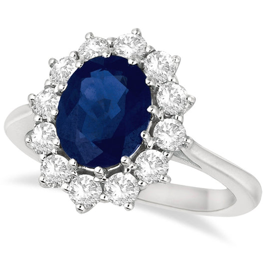 Ovale ring met blauwe saffier en diamanten, 14k witgoud (3,60 ct)