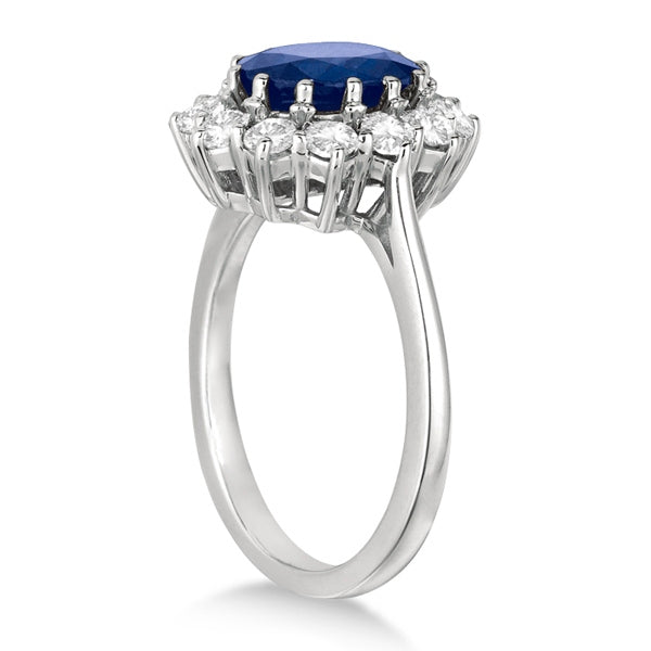 Ovale ring met blauwe saffier en diamanten, 14k witgoud (3,60 ct)