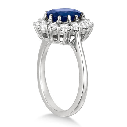 Ovale ring met blauwe saffier en diamanten, 14k witgoud (3,60 ct)