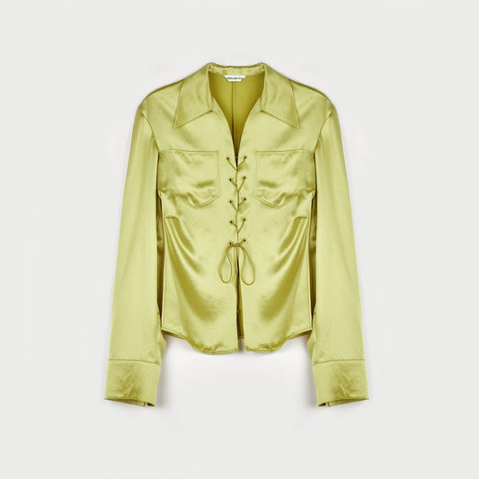 Acetaat overhemd voor dames geplooid met vetersluiting afslankend effect