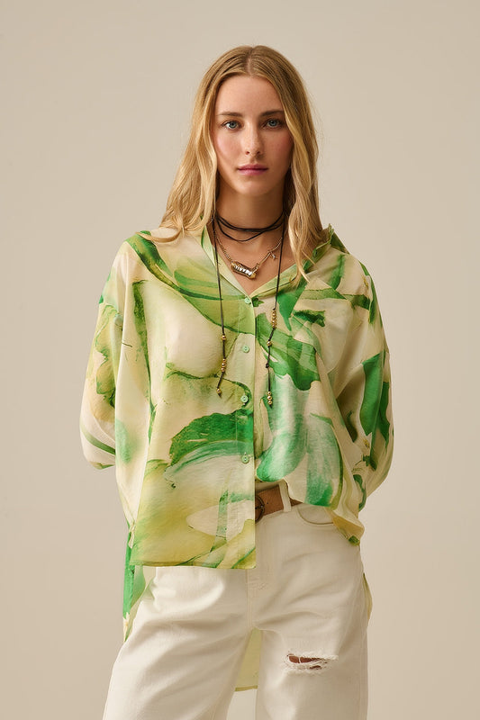 Blouse met knoopsluiting en aquarelprint in groen