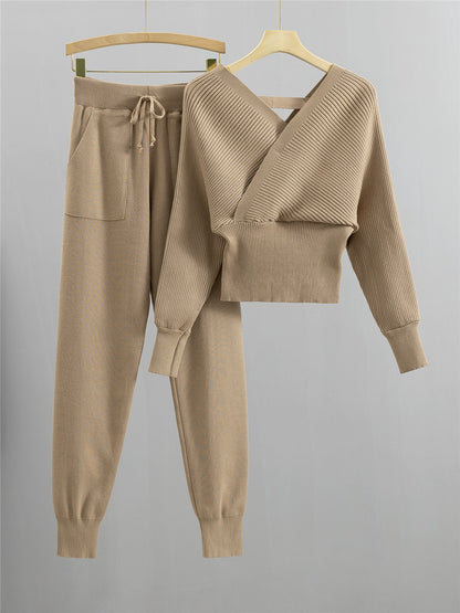 Petite gebreide tweedelige set met dubbele V-hals en blote schouders voor dames