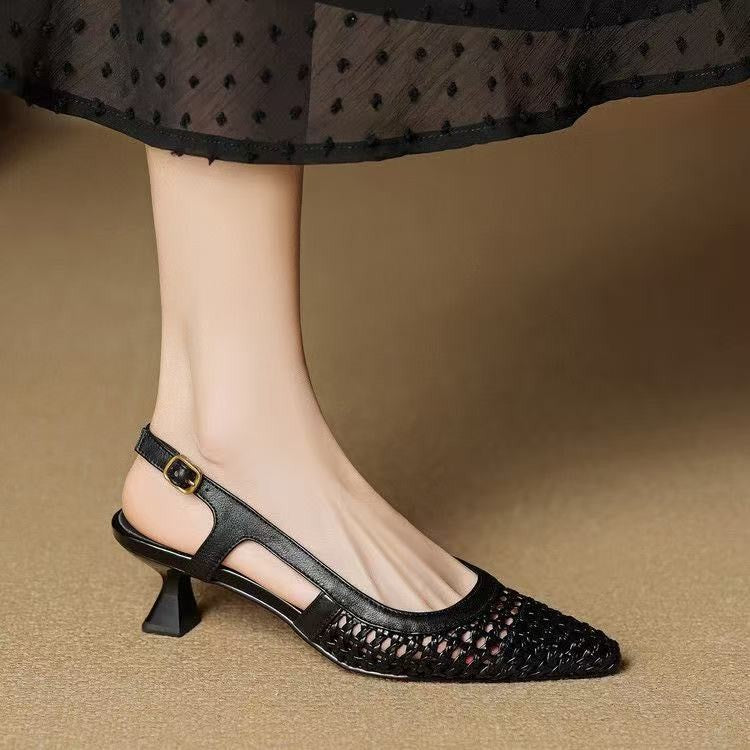 Super Leather French-style pointed-toe hollow-woven platform high heels