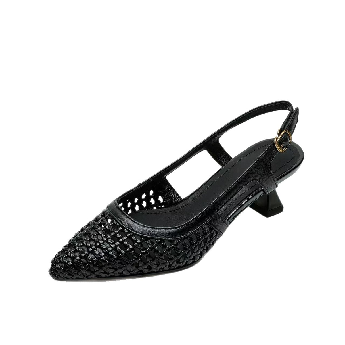 Super Leather French-style pointed-toe hollow-woven platform high heels