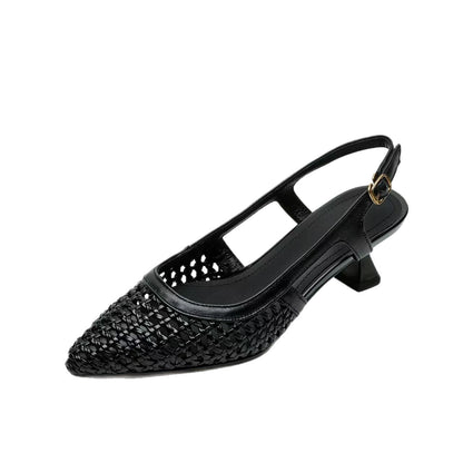 Super Leather French-style pointed-toe hollow-woven platform high heels