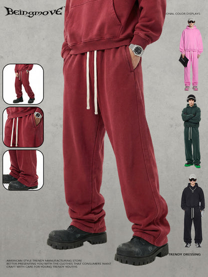 Retro Washed 400g Fleece Lined Curved Cut Straight Leg Sweatpants for Men