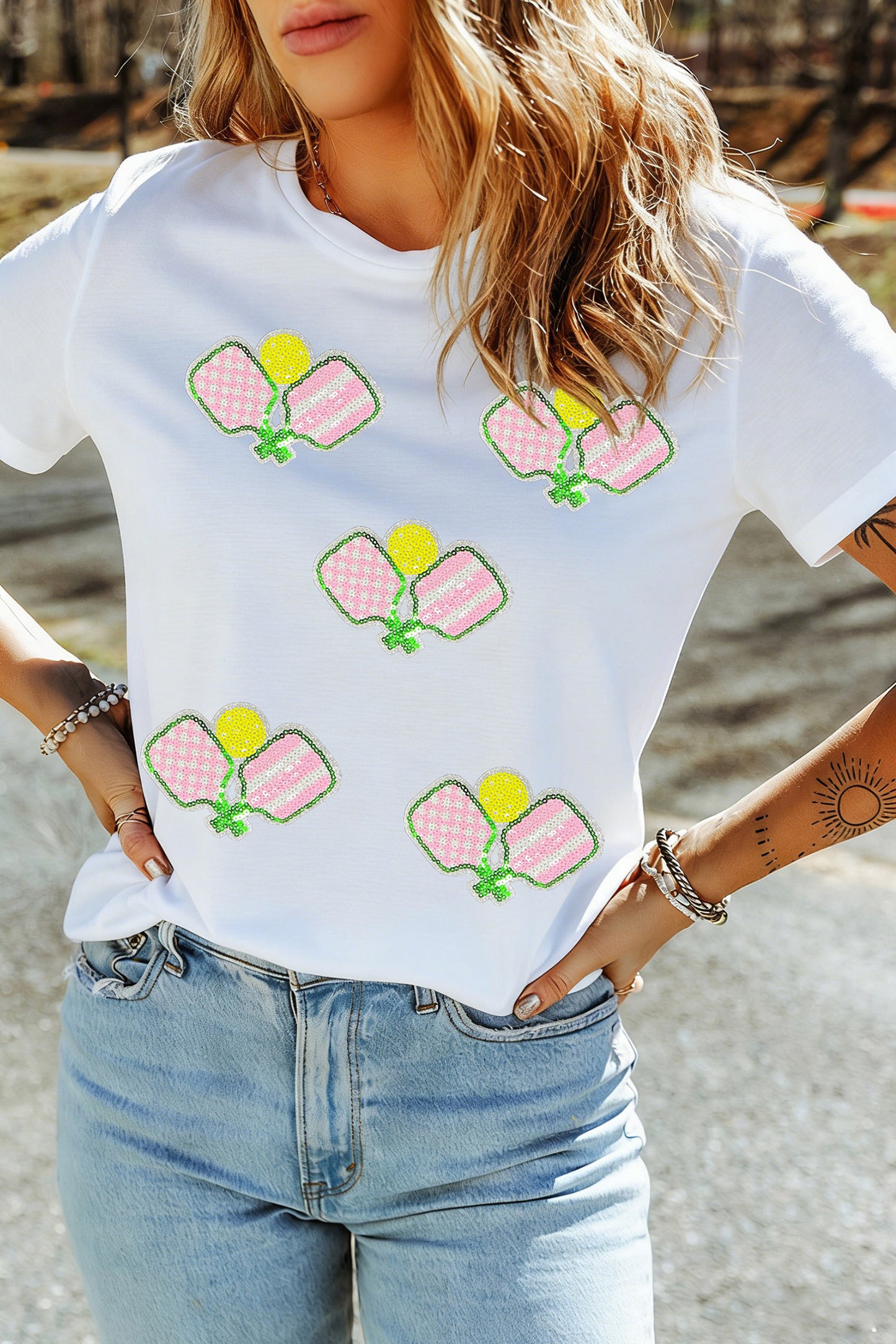 Witte pickleball-T-shirt met paillettenprint