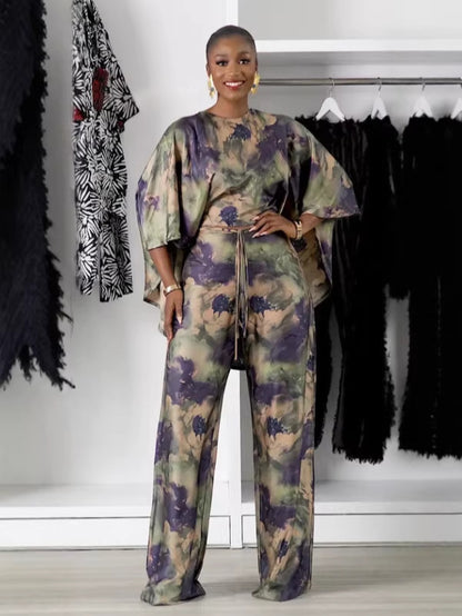 Women's Batwing Shirt and Printed Pants Set