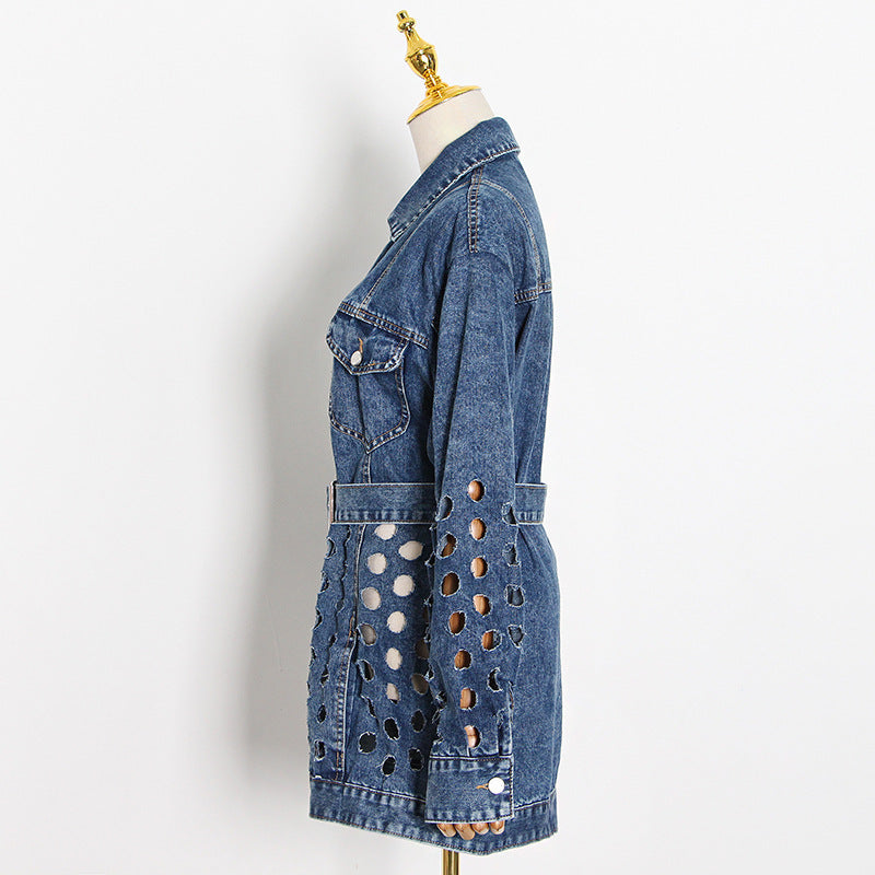 Revers Hollow Design Pure Color Tied Loose Denim Jacket