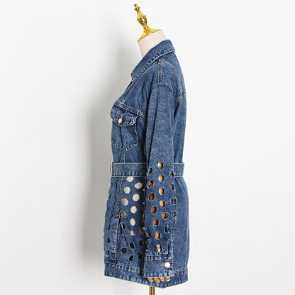Revers Hollow Design Pure Color Tied Loose Denim Jacket