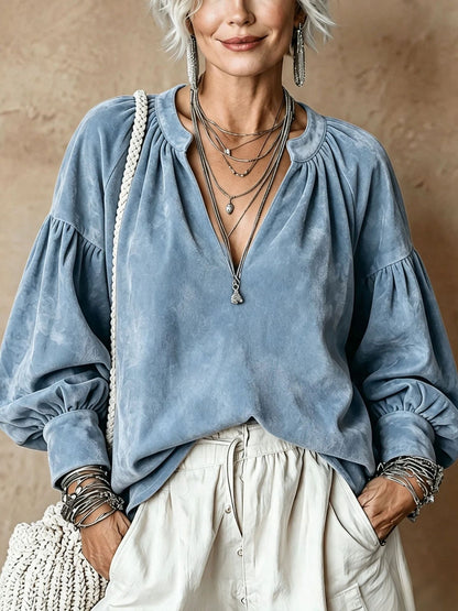 Women's Retro Ruched V-Neck Suede Loose Top