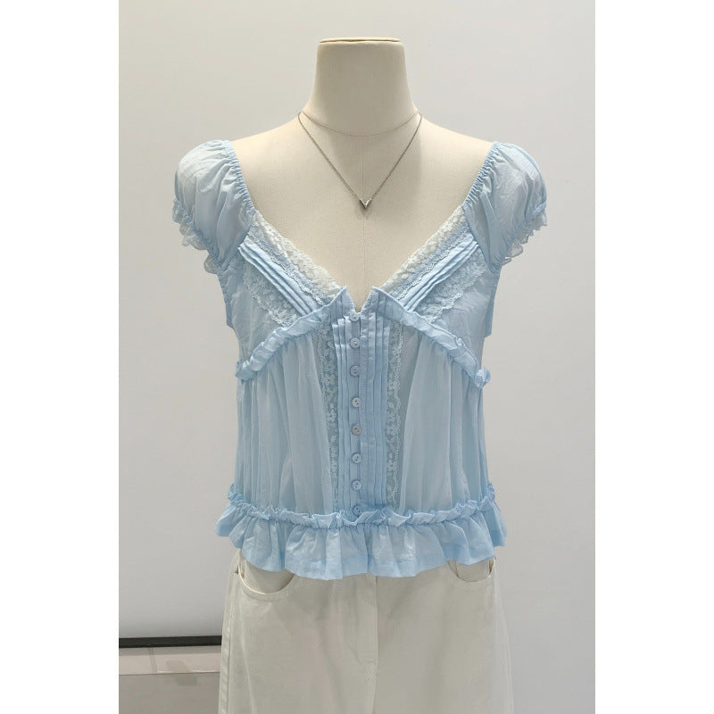 Chic Lace V-Neck Chiffon Short-Sleeve T-Shirt