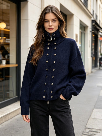 button-decorated knitted zipper cardigan sweater coat
