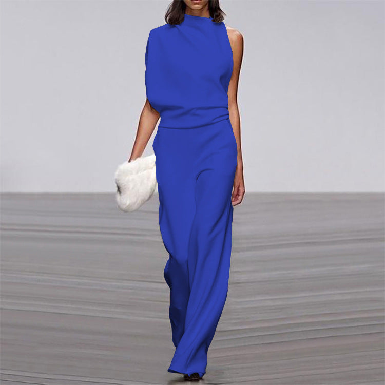 Womens Solid Color One Shoulder Ruched Collar Jumpsuit