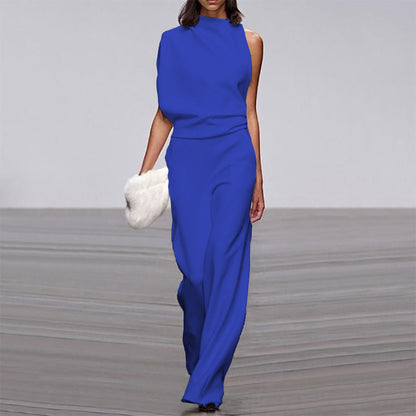 Womens Solid Color One Shoulder Ruched Collar Jumpsuit