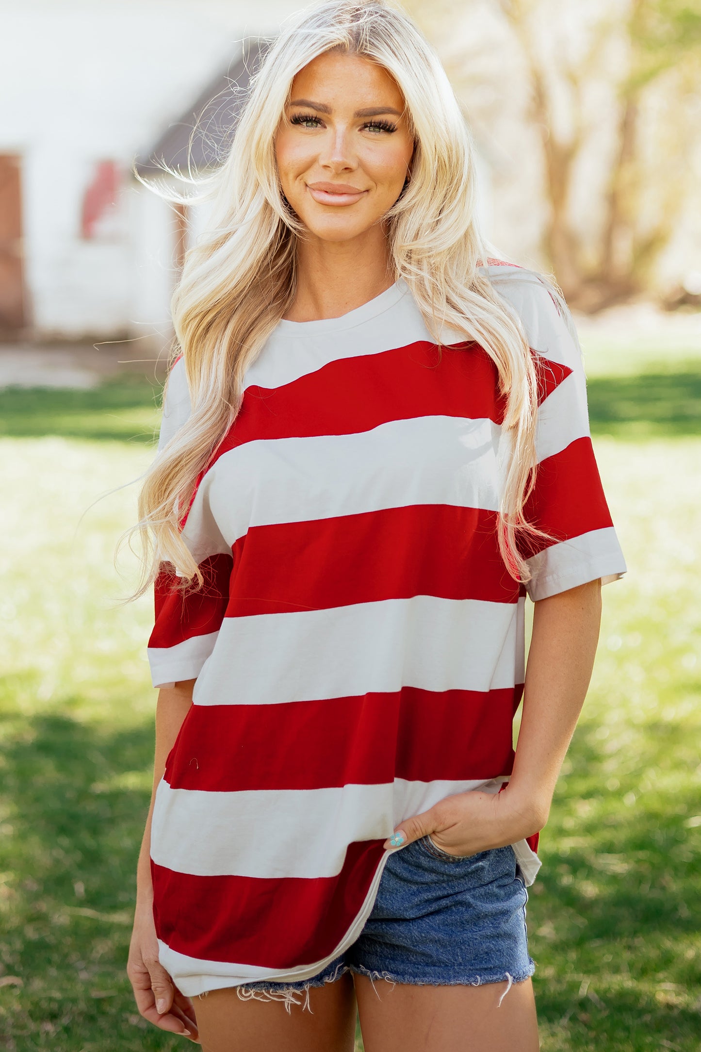 Oversized gestreepte T-shirt met kleurblokken en korte mouwen