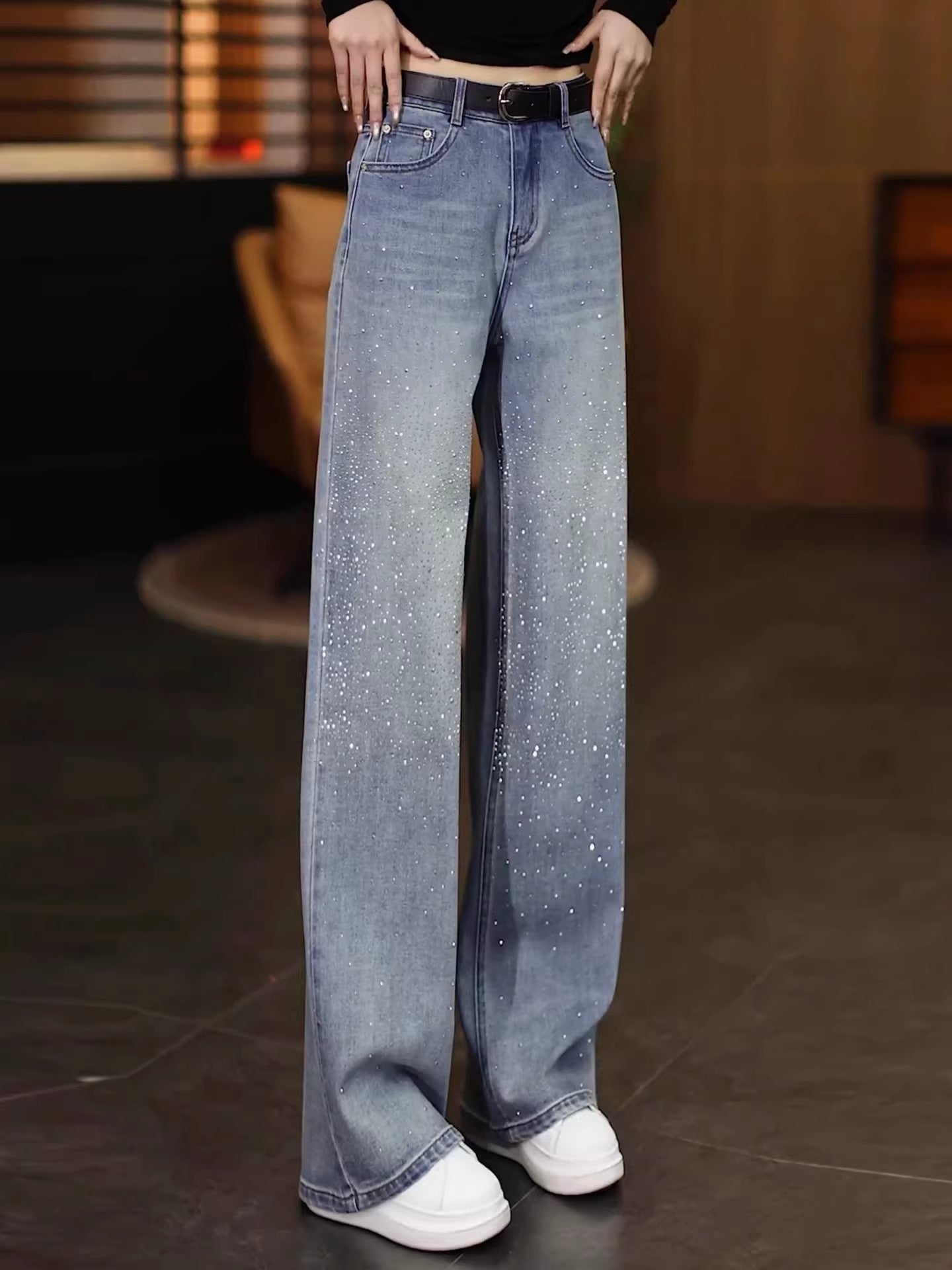 Rhinestone Wide Leg Denim Pants