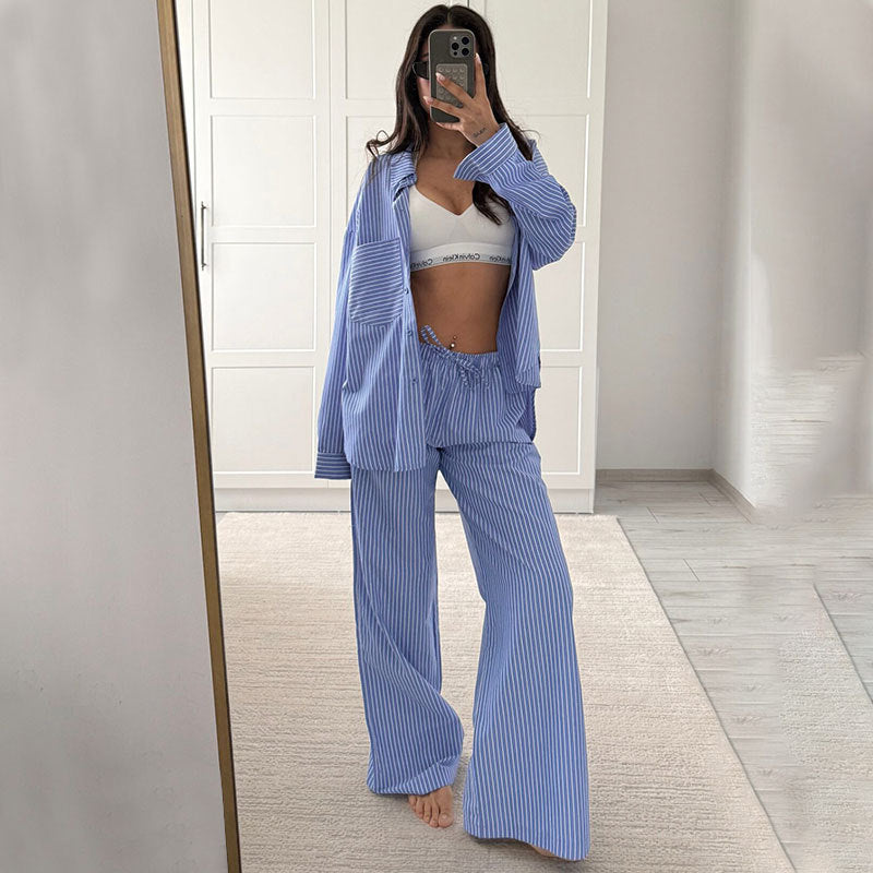 Dames casual gestreepte overhemd  met lange mouwen en  broek set