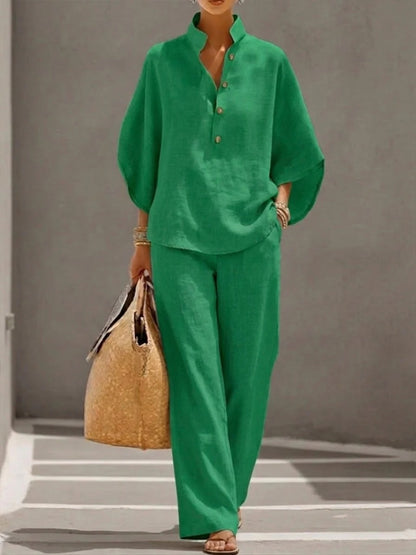 Womens Cotton Linen Shirt Set Casual Long Sleeve
