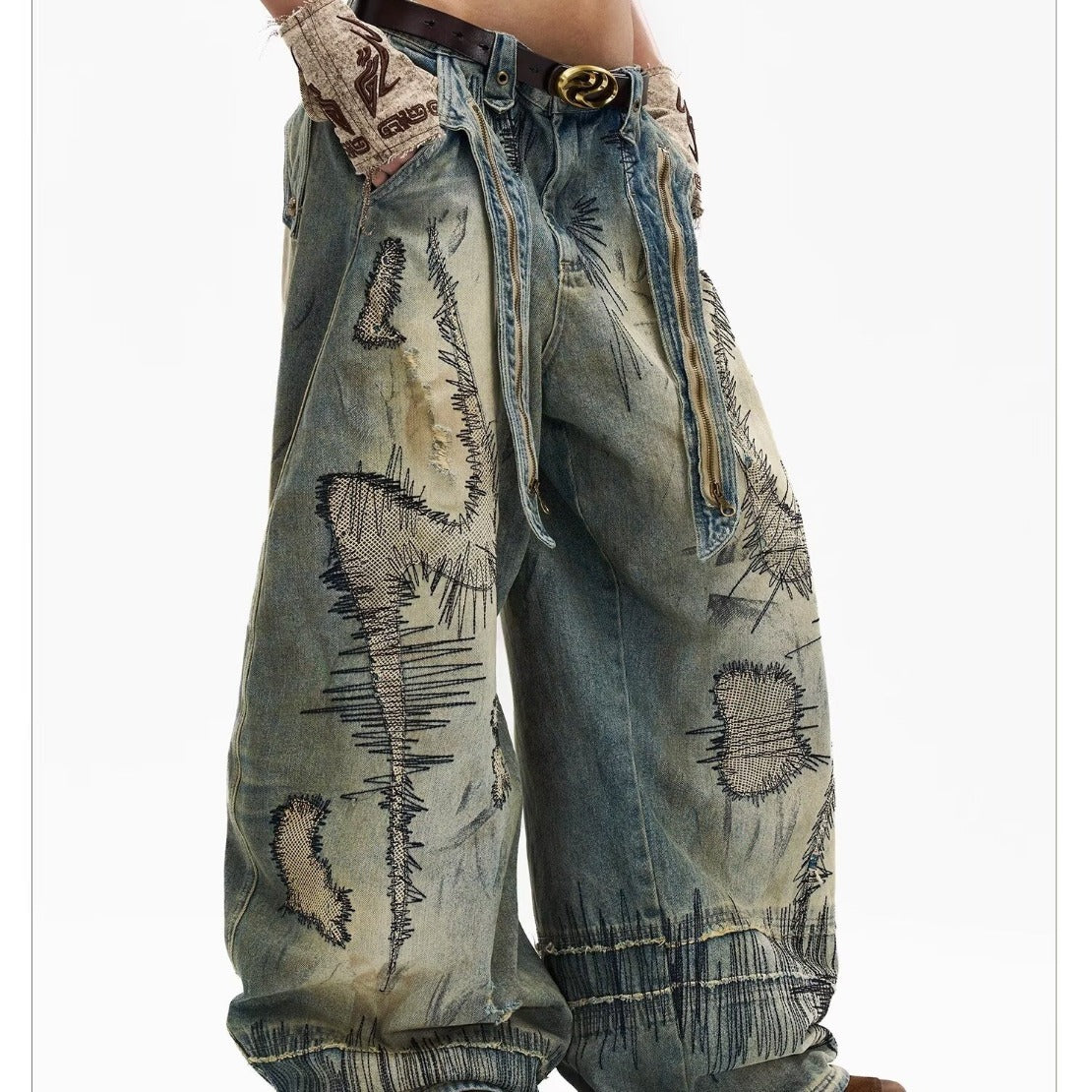 Loose Fit Distressed Embroidered Denim Pants