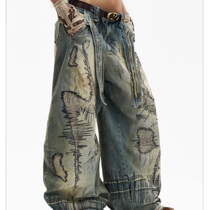 Loose Fit Distressed Embroidered Denim Pants