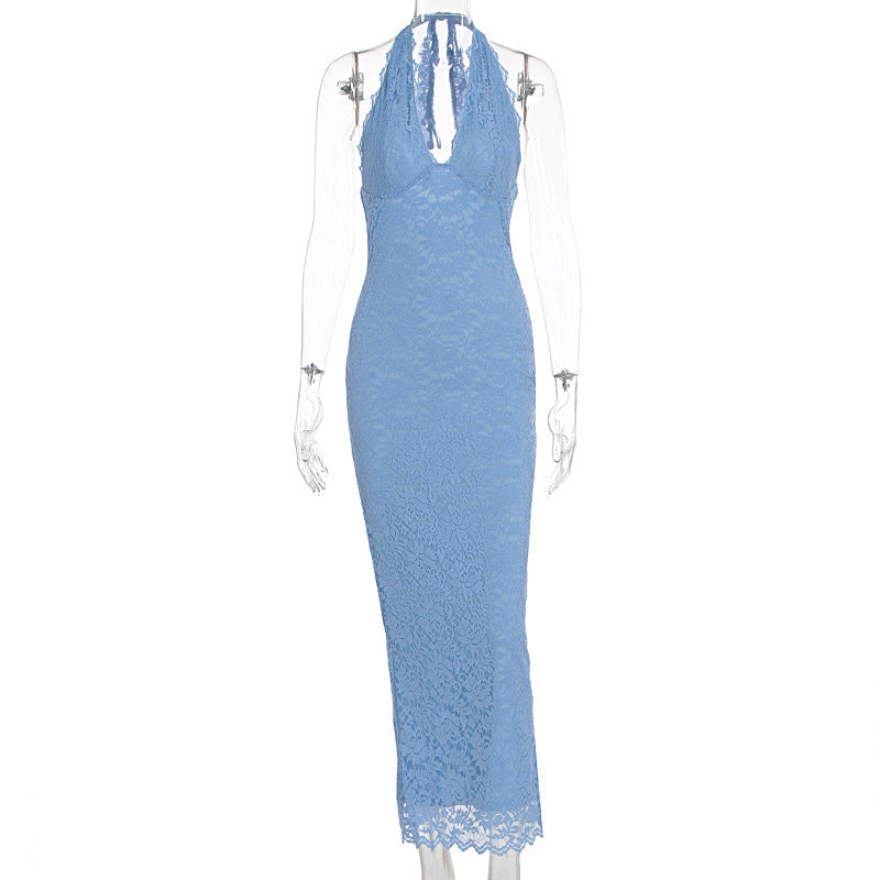 Women's Lace Halter Neck Bodycon Long Dress Sleeveless Backless V-Neck